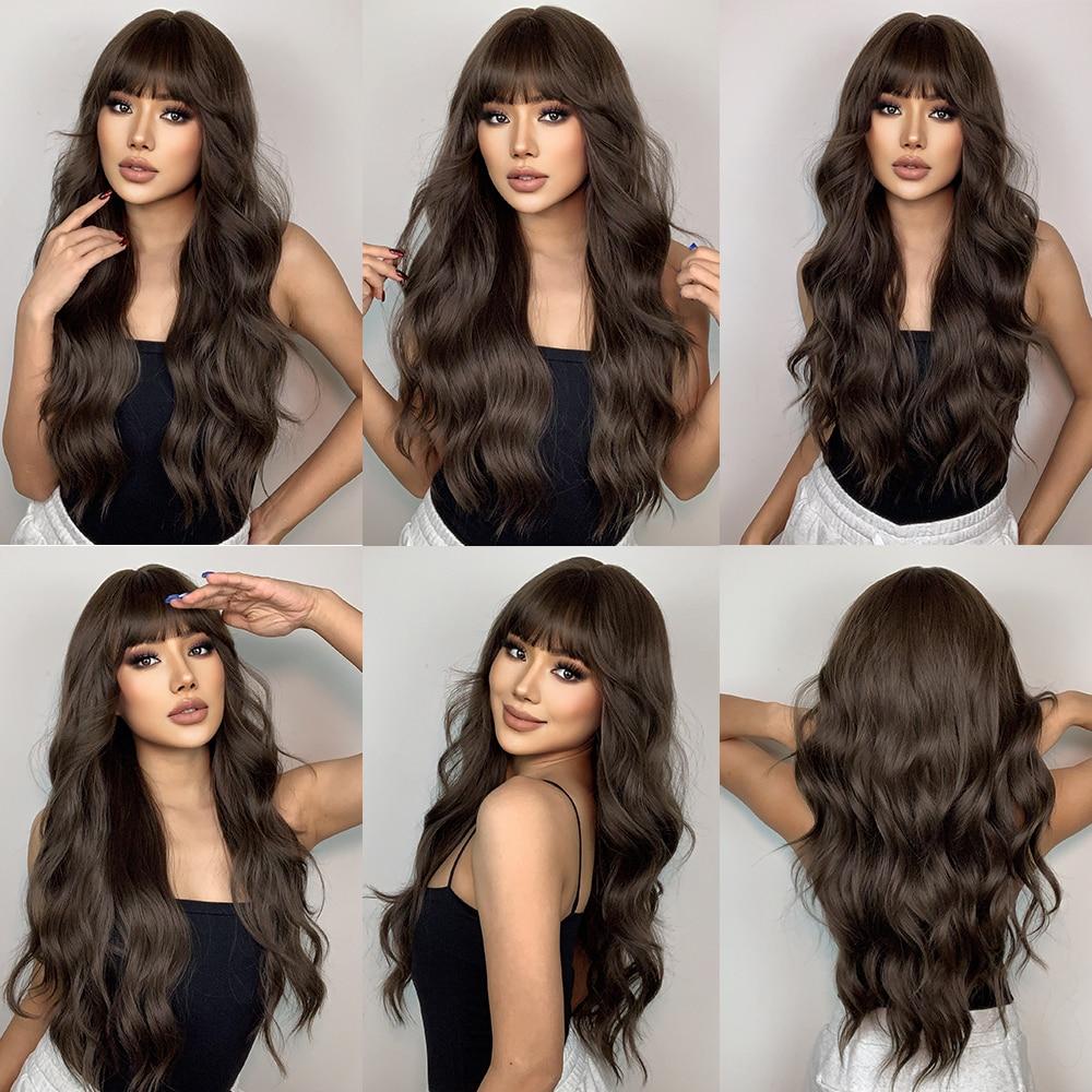Длинные коричневые синтетические парики Натуральная волна Темно-коричневый парик с челкой Повседневные волосы для косплея для чернокожих женщин Термостойкие волнистые парики