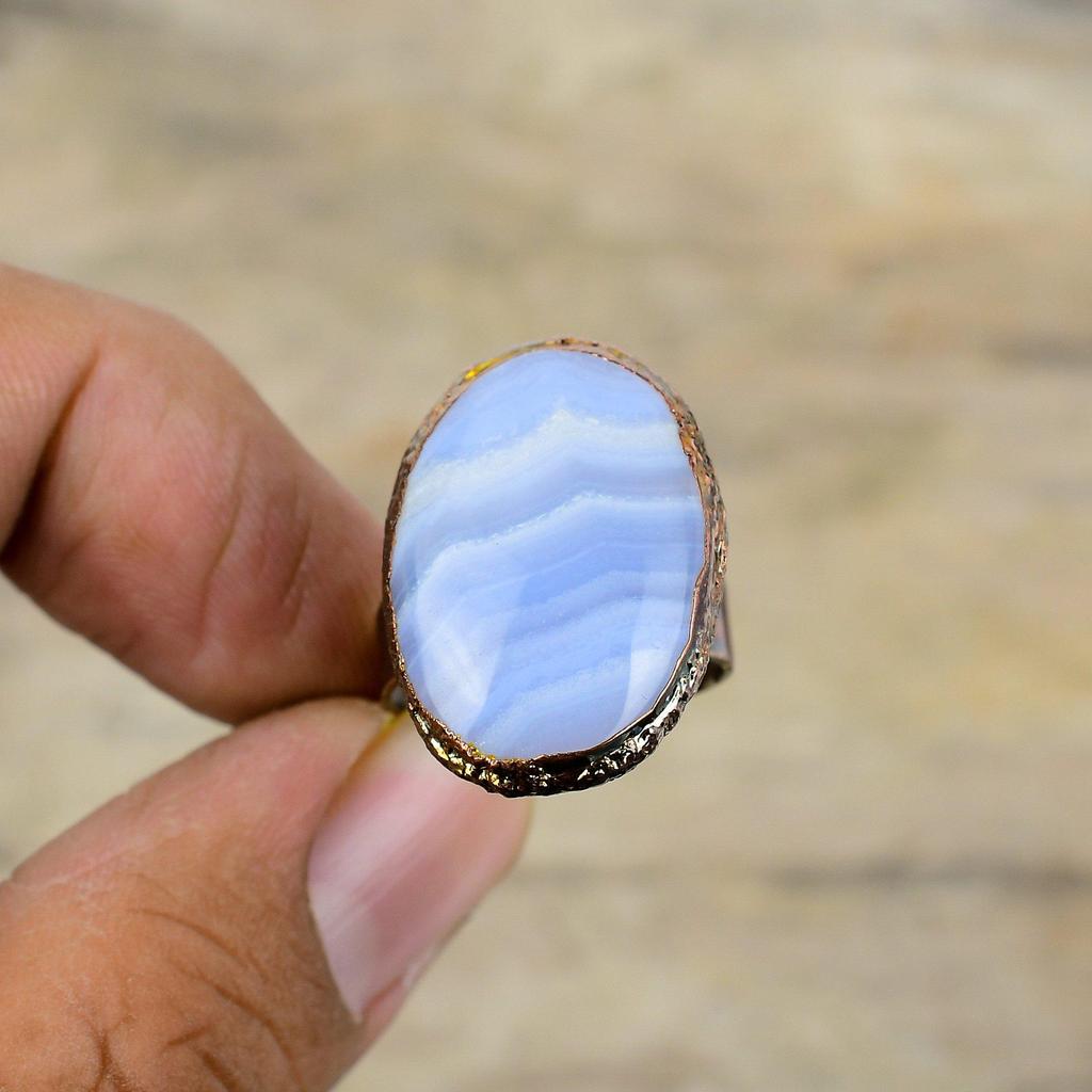Кольцо с голубым кружевным агатом, гальванопластическое медное кольцо, регулируемые кольца, ювелирные изделия ручной работы, кольцо с драгоценным камнем, гальванопластическое медное ювелирное изделие, подарок на годовщину