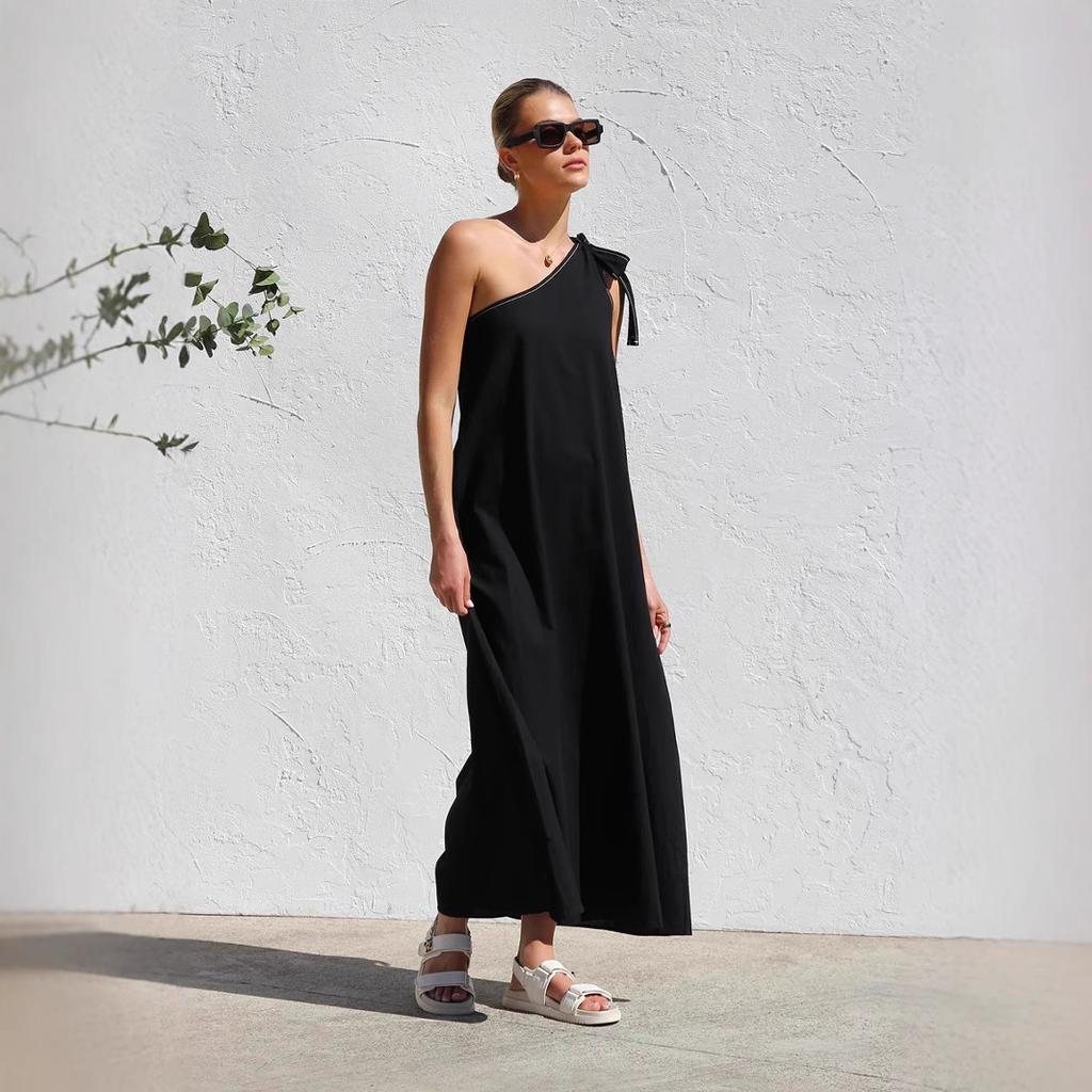 Женские летние платья без рукавов на одно плечо, однотонные струящиеся макси-сарафаны с оборками, повседневные платья в стиле бохо для пляжных вечеринок, свадебных платьев для женщин