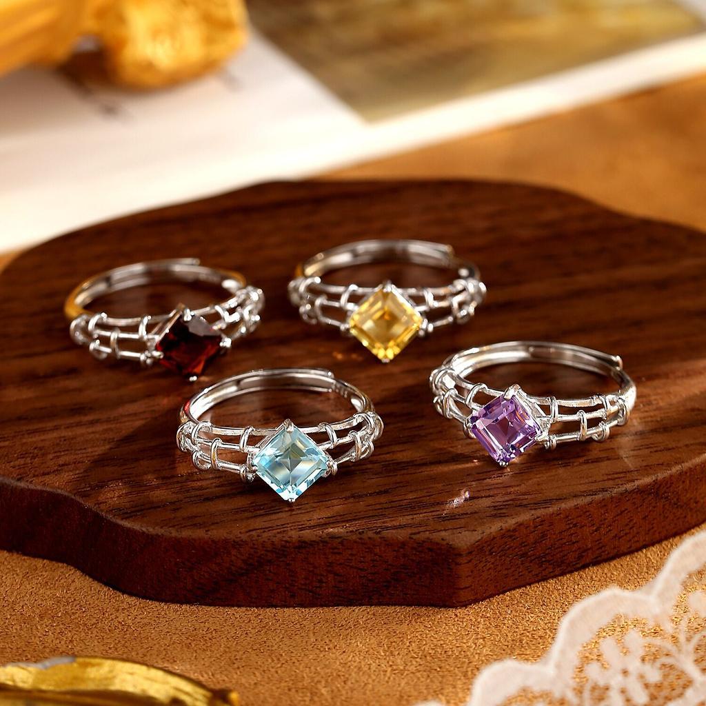 S925 sterling silver amethyst ring women's niche chain design inlaid garnet topaz light luxury high-end jewelry