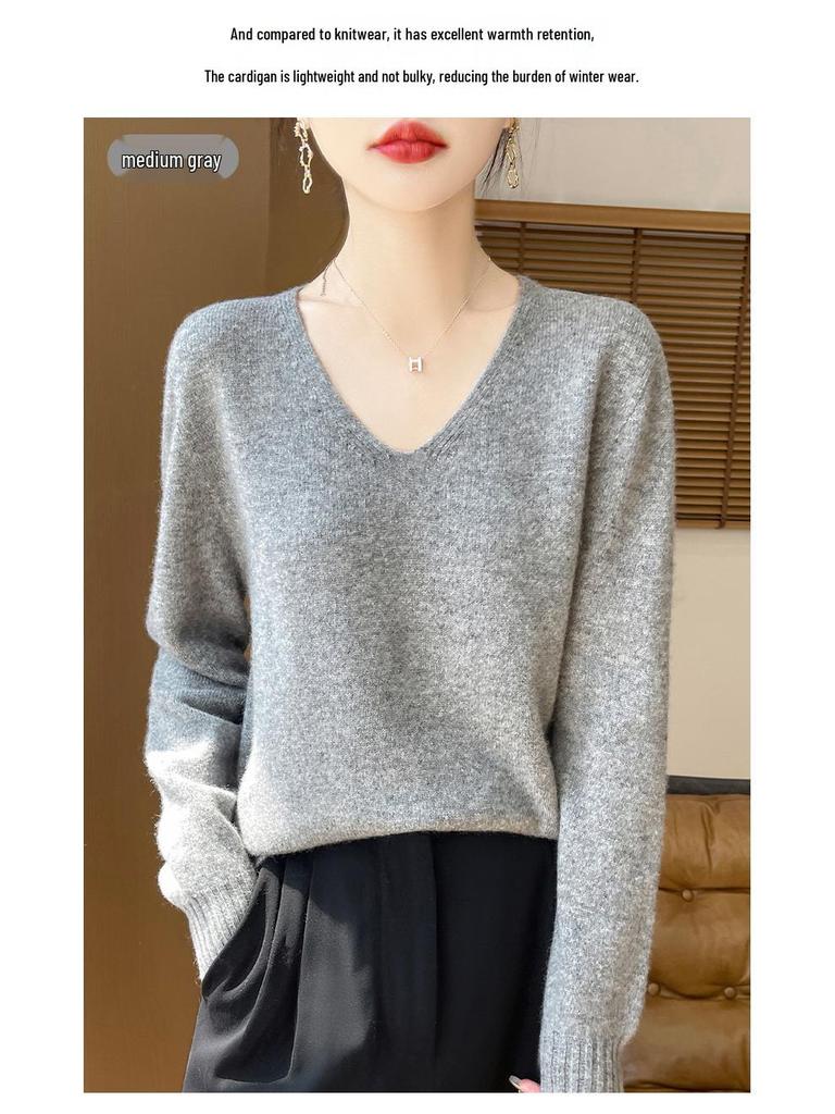 Minimalist 100% Wool V-Neck Sweater: Seamless, Solid Color, Long Sleeve, New Women's Knit