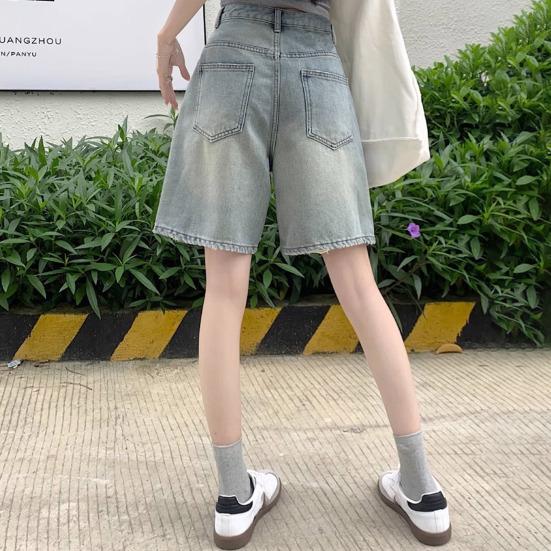 HWomen Denim Shorts High Waist Vintage Washed Straight Wide Leg Pure Color Button Zipper Closure Streetwear Knee Length Jeans Short Pants