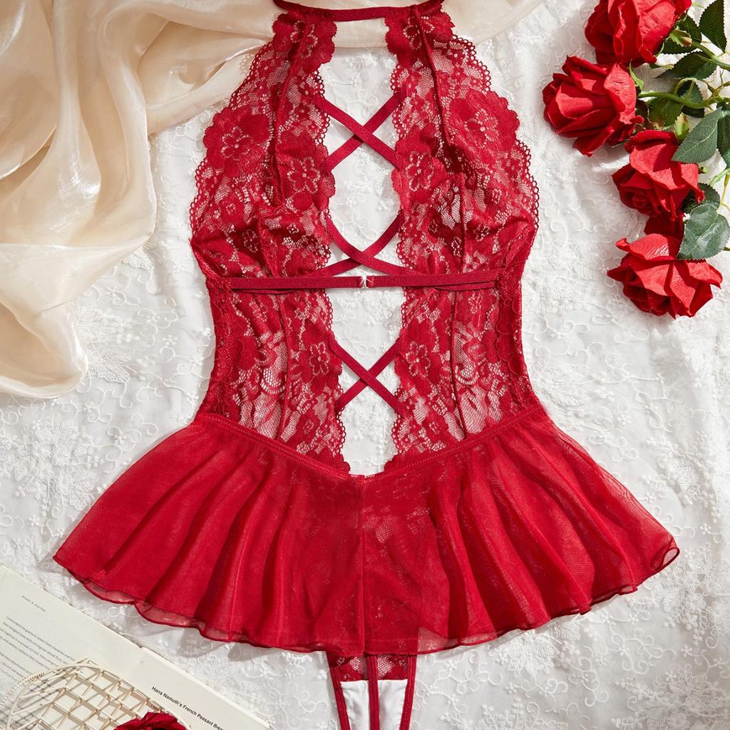 Sexy lingerie Sexy fairy skirt gathering pajamas backless free suspender skirt lace open crotch onesie