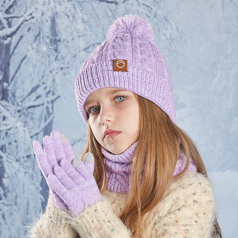 Children's Cap Scarf Gloves Three-Piece Set Coldproof Wool Cap Boys Girls Outdoor Warm Knitted Hat