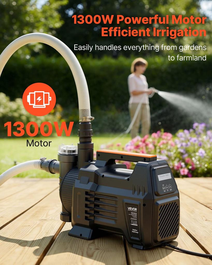 Electronic Shallow Well Jet Pump, 1300W, 4800 L/H Maximum Flow Rate, PP Garden Well Jet Pump with 8 m Suction Height, Intelligent Electronic Control,