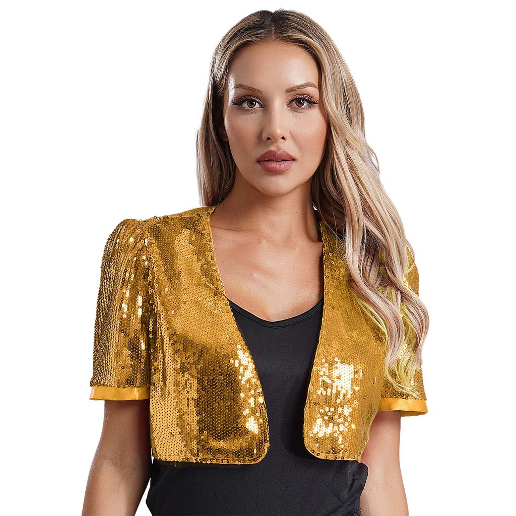 Womens Glitter Sequin Crop Jacket Short Sleeve Open Front Shiny Clubwear Party Outerwear Evening Cover Up