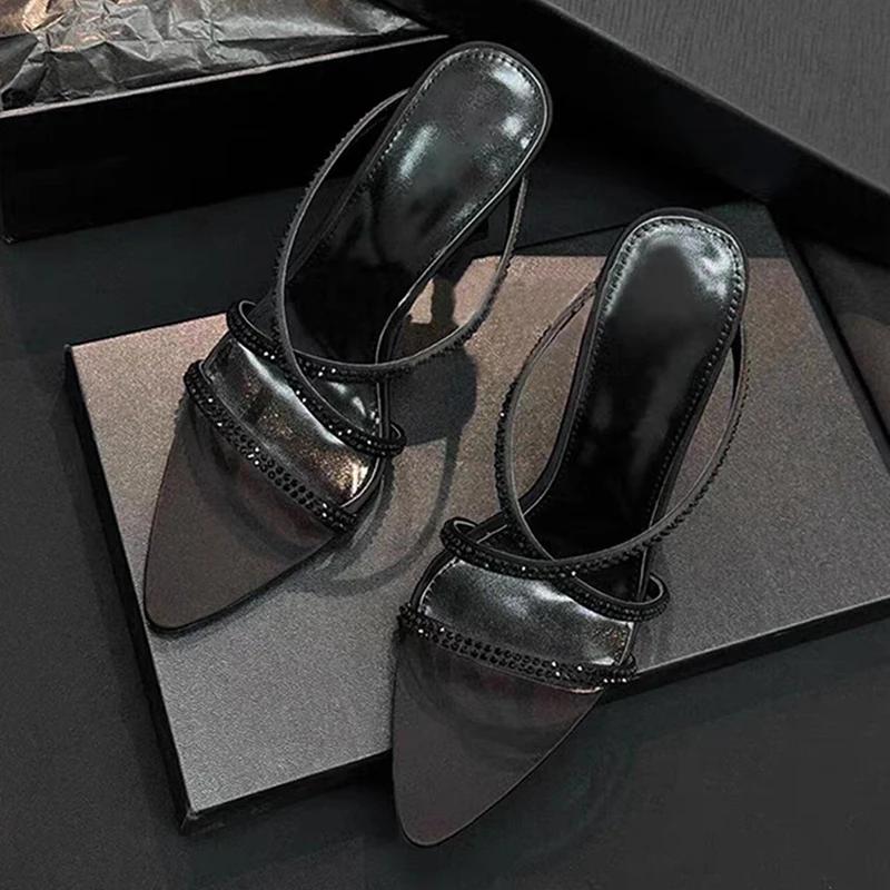 Fashion Summer Pointy Toe Thin High Heels Slippers Women Narrow Band Luxury Rhinestone Mules Slippers Sexy Crystal Party Shoes Woman