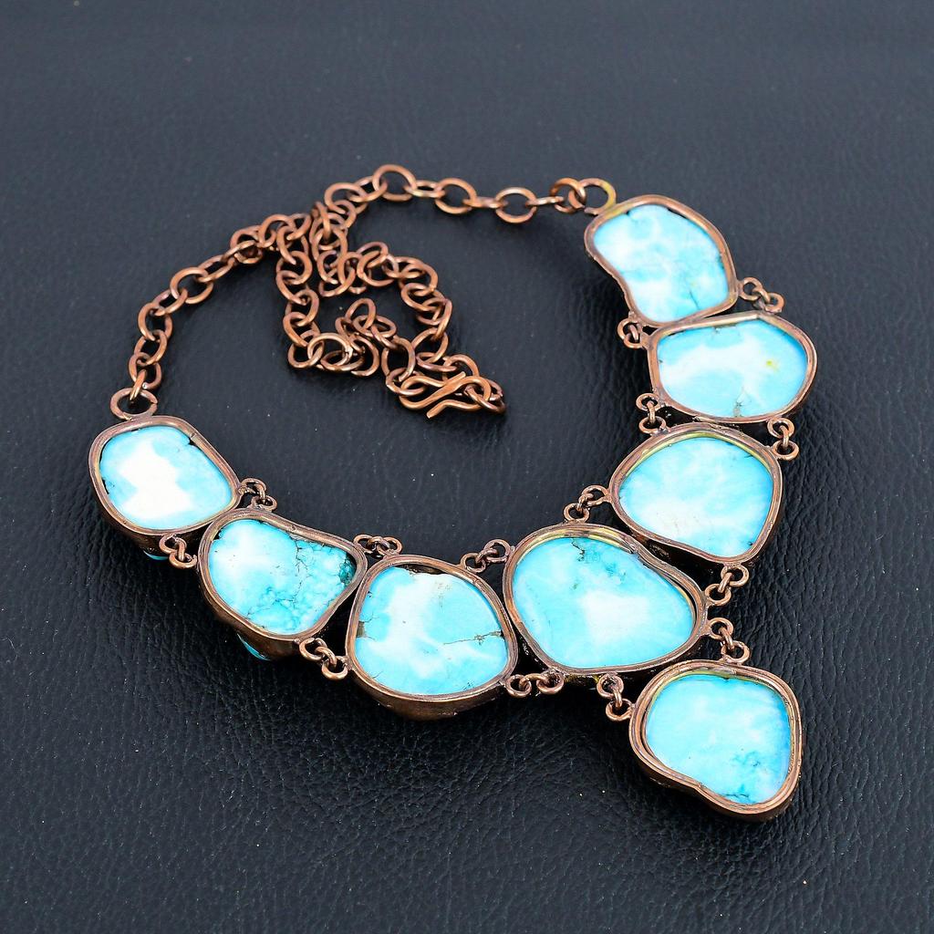 Turquoise Tumble Copper Electroformed Necklace with Adjustable Chain, Handmade Gemstone Jewelry Necklace For Memorial Day