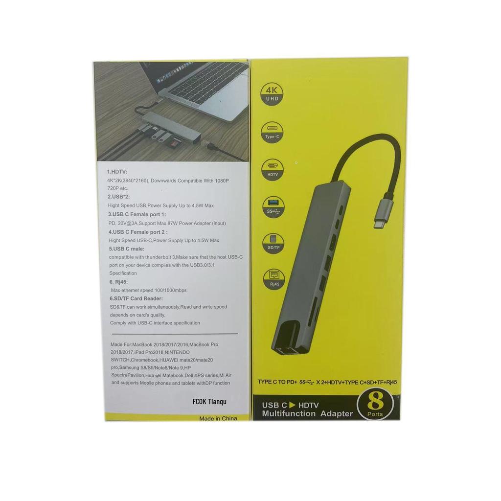 Концентратор USB-C 8-в-1: Type-C на HDMI, Конвертер сетевой карты, Многофункциональная док-станция