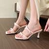 Мягкий и удобный в носке! Розовые однословные босоножки на высоком каблуке для женского лета 2025 года, квадратный носок, открытый носок, прохладные шлепанцы