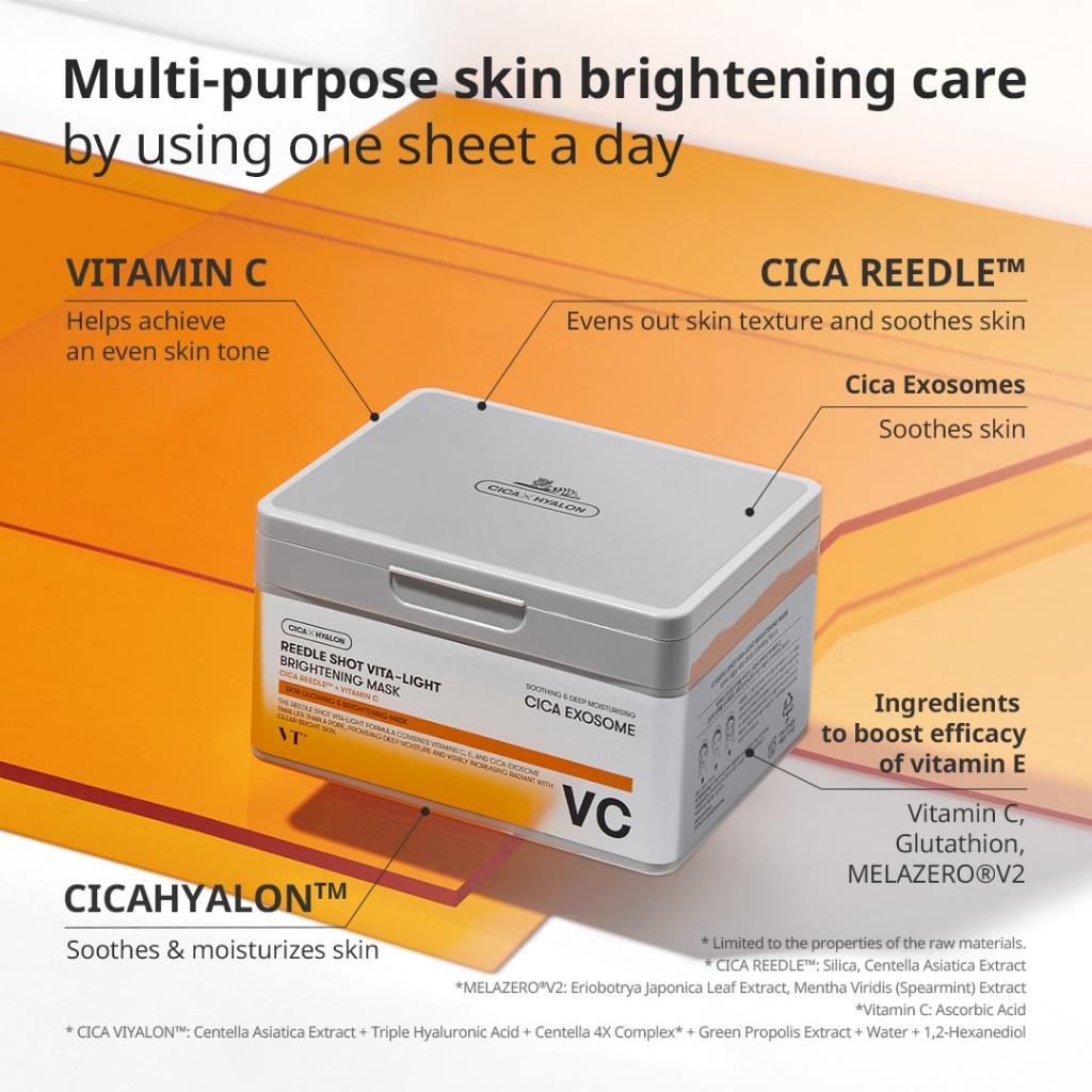 VT Reedle Shot Vita-Light Mask 30 шт. Чистый витамин С, осветляющий уход, пробуждает состояние кожи, способствует впитыванию кожей