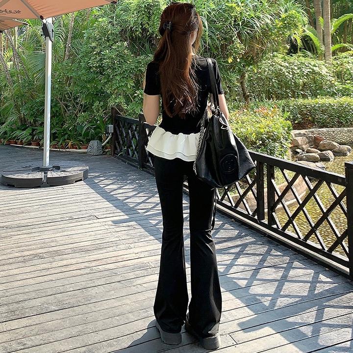 Летняя футболка из МОДАЛ-ХЛОПКА для женщин в балетном стиле с круглым вырезом и короткими рукавами, повседневные футболки с принтом листьев лотоса, облегающие, эластичные, черные топы