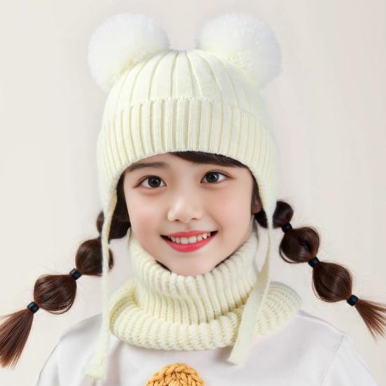 2 шт./набор Детская зимняя шапка и шарф Набор Декор плюшевым помпоном Однотонный Плюшевая подкладка Вязаная шапка Теплый комплект шарфа