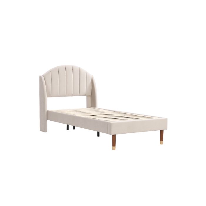 Lit rembourré - MUVOE - 90x200 cm - Velours beige - Sommier à lattes - 1 place