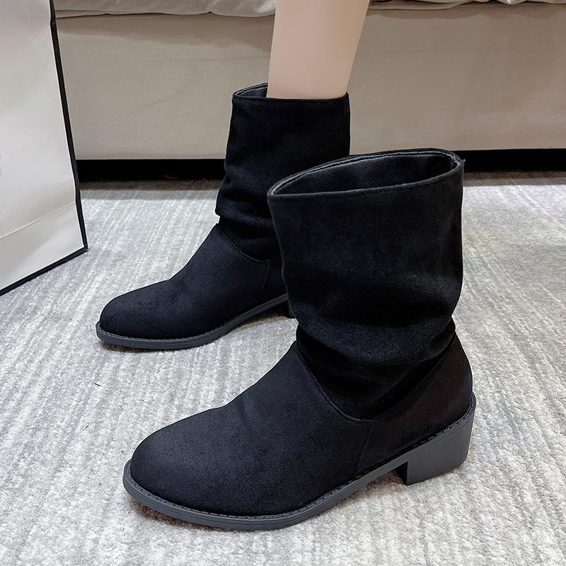 Fashion 2024 Winter Women's New Western Boots Fashionable Thick Heel Slip-on Ankle Boots Women's Outdoor High Heel Mid-calf Boots