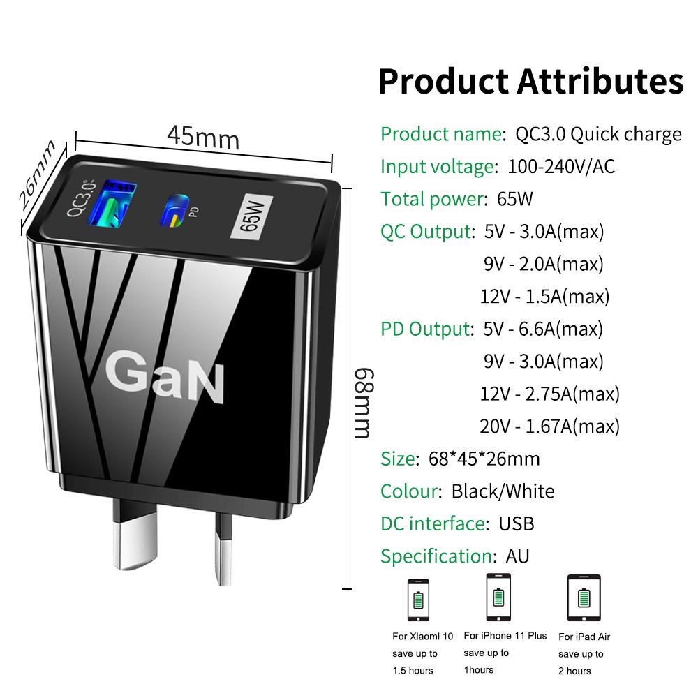 33 Вт GaN USB-зарядное устройство для мобильных телефонов QC 3.0 с вилкой US/EU/UK для быстрой зарядки