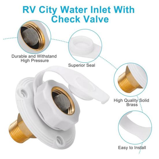 RV Water Inlet Adapter 3/4 NH To 1/2 NPT Thread with Check Valve Lead-Free Brass Food-Grade Silicone Water Valve for Campers Trailers