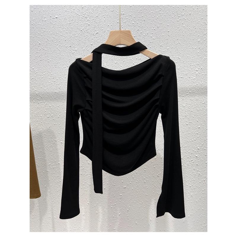 Укороченные футболки Y2K, женские шикарные топы с длинными рукавами, женская винтажная модная футболка с открытыми плечами, женская весенняя повседневная футболка на шнуровке