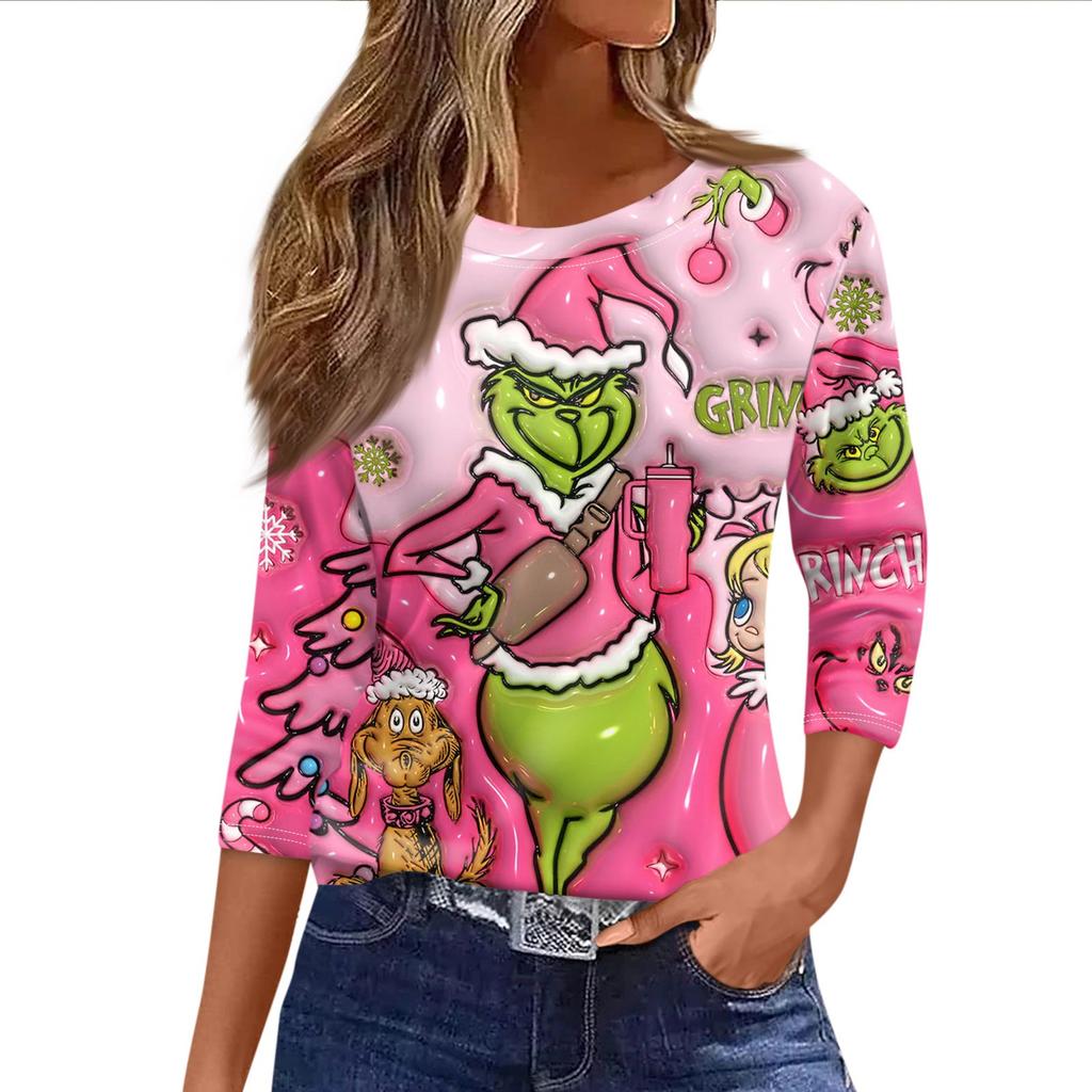 Women's Fashionable Casual Three Quarter Sleeve Christmas Printed Round Neck Top