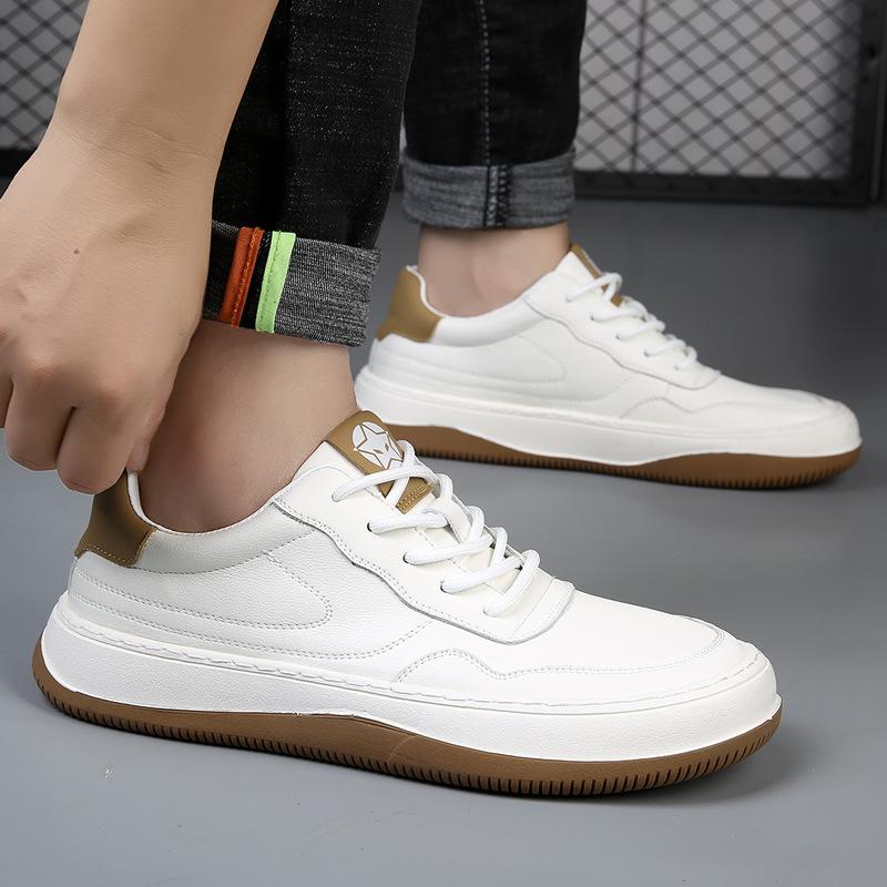 New men's shoes spring breathable casual shoes leather sports board shoes trend versatile thick-soled white shoes