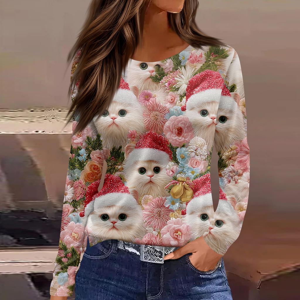 Women's Fashion Hem Slit Casual Christmas Printed Round Neck Long Sleeve Top