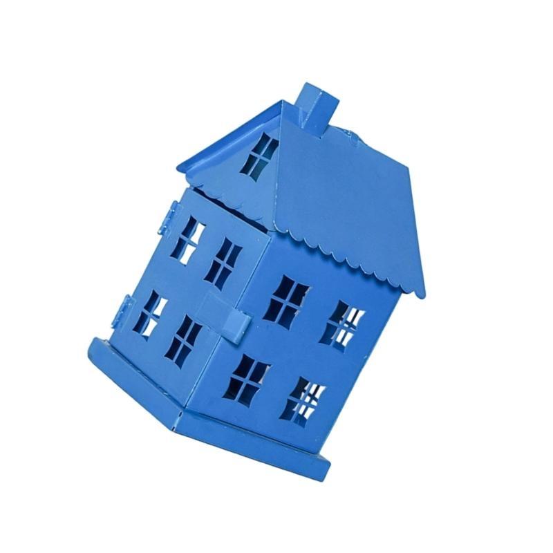 Hollowout Ice House Metal Blue Tealight Holder Hanging Lanterns for Indoor Table Centerpieces Decoration