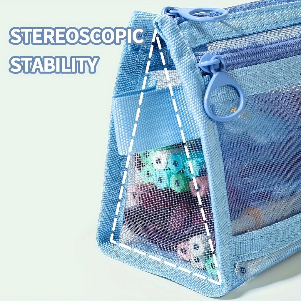 Desk Storage Morandi Grid Mesh Pencil Case, Clear Double-layer Cosmetic Makeup Bag with Zipper & Handle