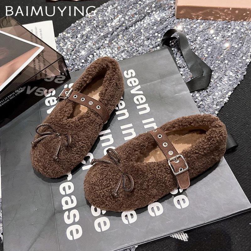 Женские туфли-лоферы с бантом из меха на плоской подошве, дизайнерская повседневная обувь из плюша, зимняя мода, новая обувь 2024 года, трендовое уютное платье с пряжкой для леди Zapatos