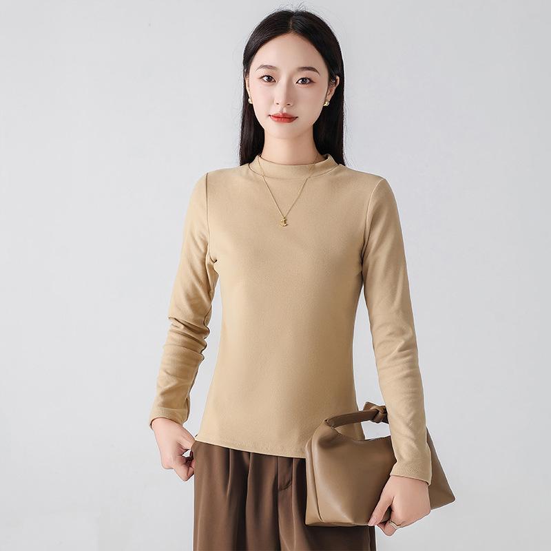 Осень и Зима Новая Корейская Версия Приталенный и Тонкий Внутренний Велюр Круглый Вырез Длинный Рукав Универсальный Термотоп