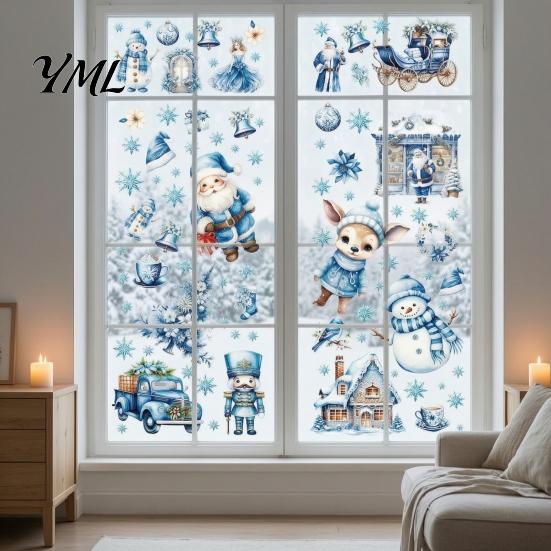 Holiday Glass Decals 9Pcs Christmas Window Clings, Blue Santa Snowman Reindeer Static Stickers, Glue Free Reusable Double Sided Xmas Decorations