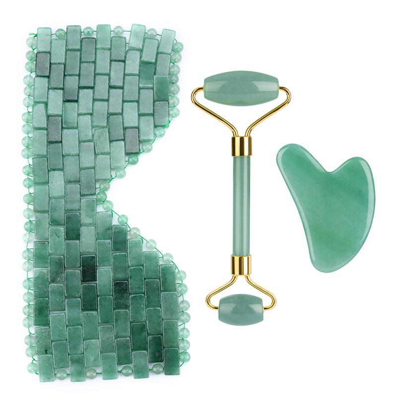 3pcs Natural Jade Eye Mask And Jade Roller Gua Sha Set Rose Quartz Gouache Scraper Massage Tool Anti-Aging Beauty Skin Care Tool