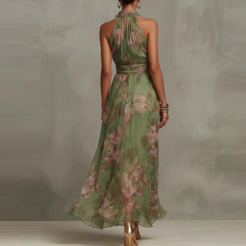 European and American cross-border 2026 women's clothing hip-wrapped mesh printing irregular split pleats sexy suspender dress long dress