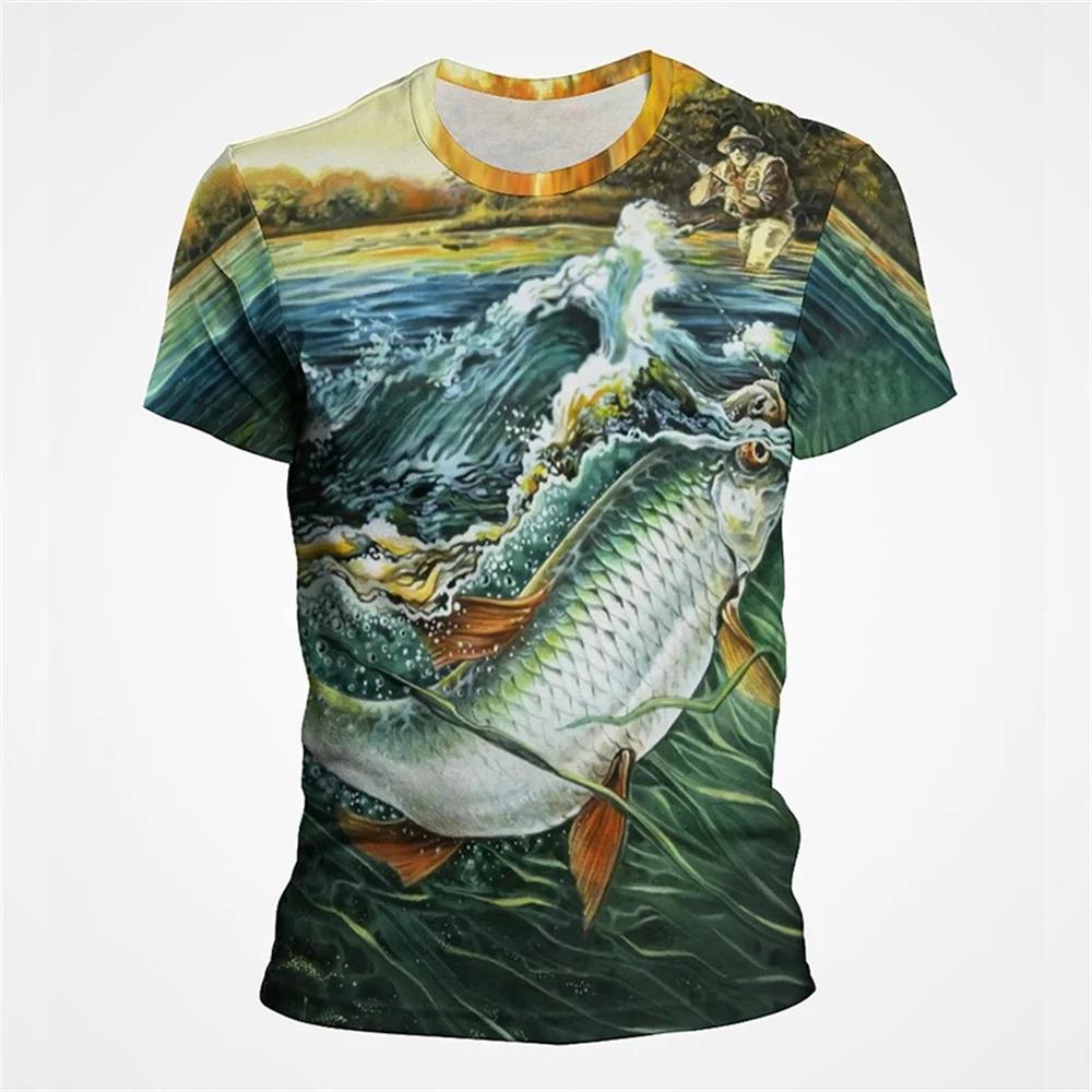Модные мужские футболки для морской рыбалки, оверсайз, дышащие, повседневные, с коротким рукавом, 3D-принтом рыбы, больших размеров, удобные футболки
