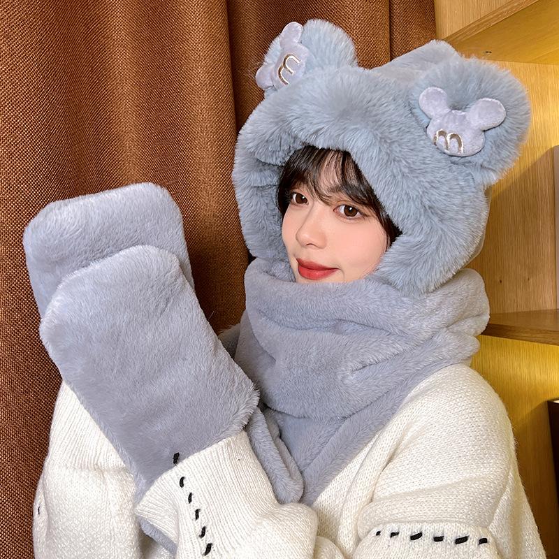 Scarf, Female Winter Bear with Hat, Korean Version of Cute Winter Integrated Thermal Gloves, Three Plush Scarves