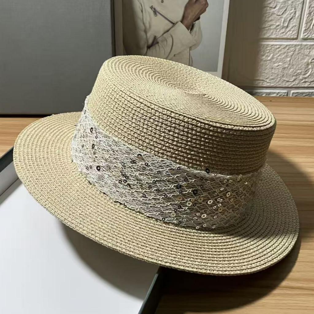 French Elegant Flat Brim Straw Hat for Women, Spring Summer Beach Sun Cap, Wide Brim UV Protection, Face Slimming Vacation Hat