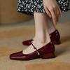 Fashion Elegant High Heels French Dress Party Shoes for Woman Platform Patent Leather Mary Jane Burgundy Black Square Toe Mid-heel Pumps