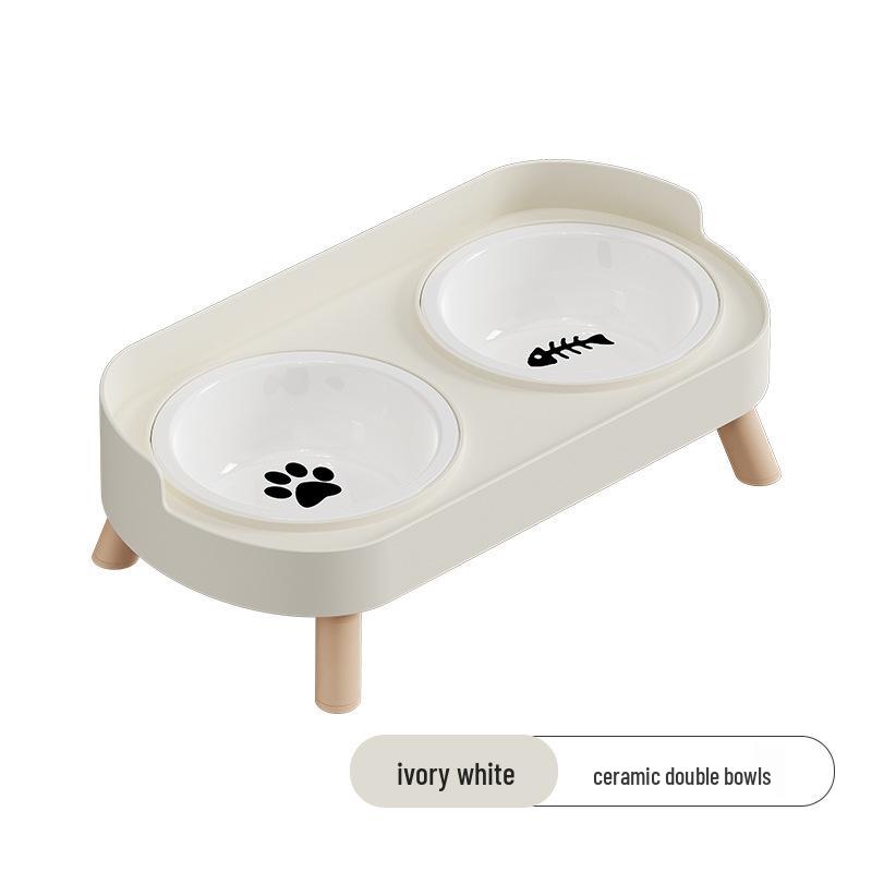 Cross-Border Stainless Steel & Ceramic Dual Cat & Dog Bowl: Anti-Tip, Splash-Proof, Neck Protection Design for Food & Water.