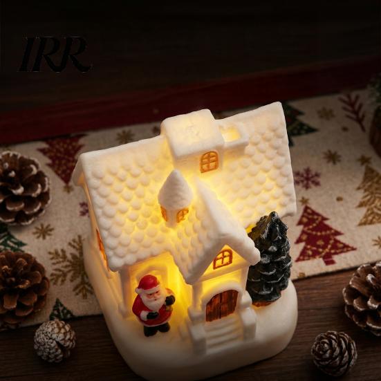 Snowy Cottage Figurine LED Lighted Christmas Village House Statue, Light Up Small Figurines with Tabletop Ornament Xmas Tree Santa Claus, Collectible