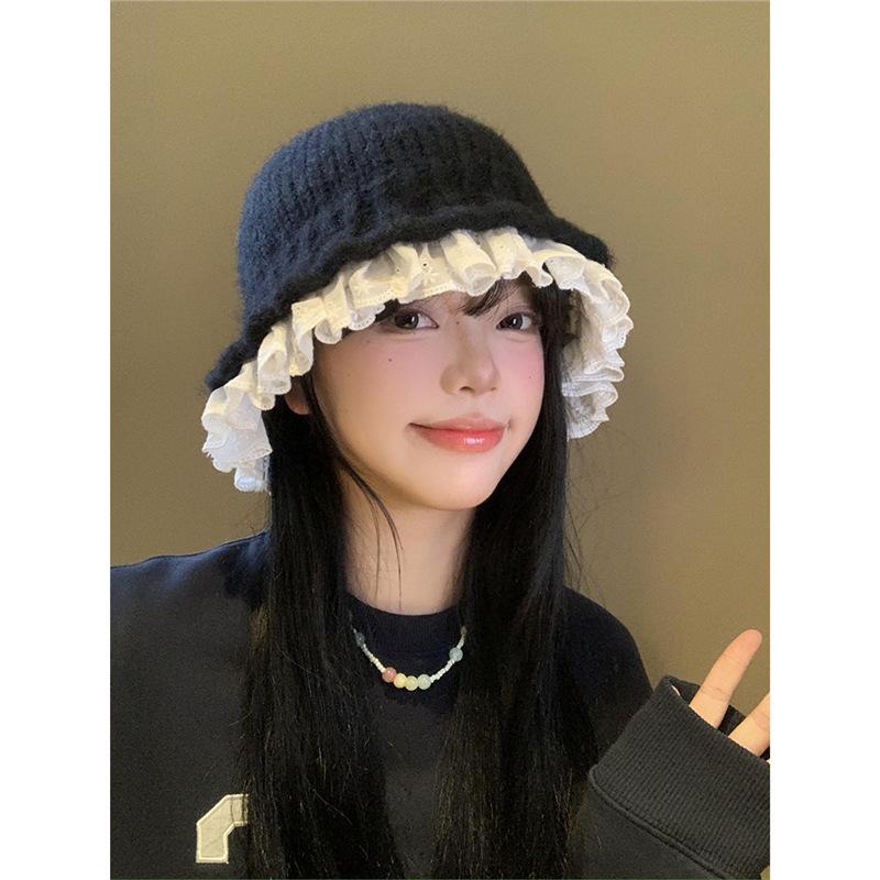 Lace lace black knitted bucket hat women's autumn and winter Korean face small wool hat big head circumference plush hat