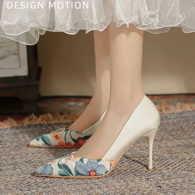 Fashion High Heels Women Sandals Pointed Toe Flower 2025 New Fashion Gladiator Woman Pumps Shoes Dress Party Zapatos Mujer