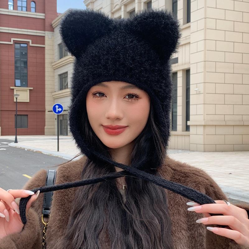 Новая шапка женская забавная ушка однотонная вязаная шерстяная шапка зимняя теплая плюшевая защитная шапка толстая