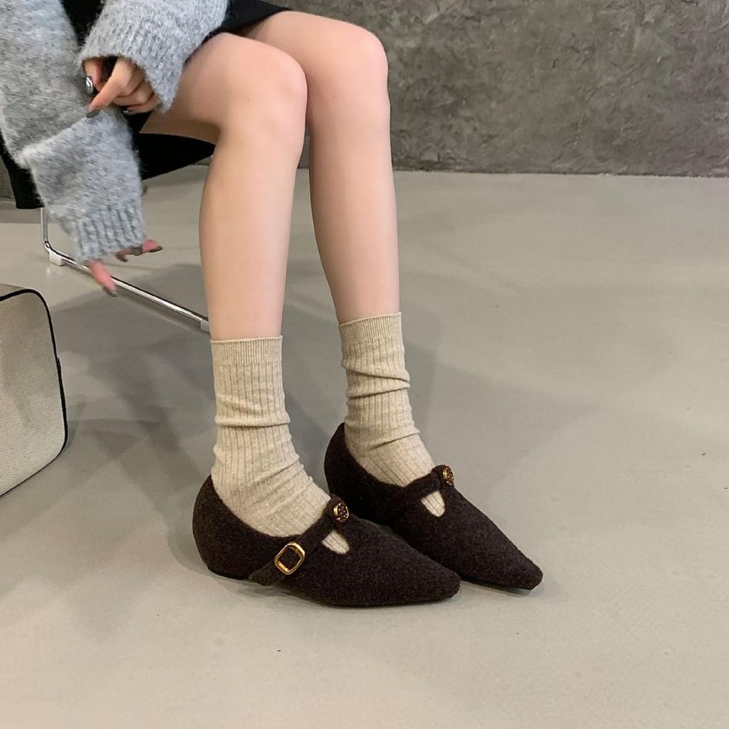 2025 New Pointed Inner Thick Heel Woolen One-word Buckle Versatile Commuter Soft Sole Foot Cover Women's Warm Single Shoes