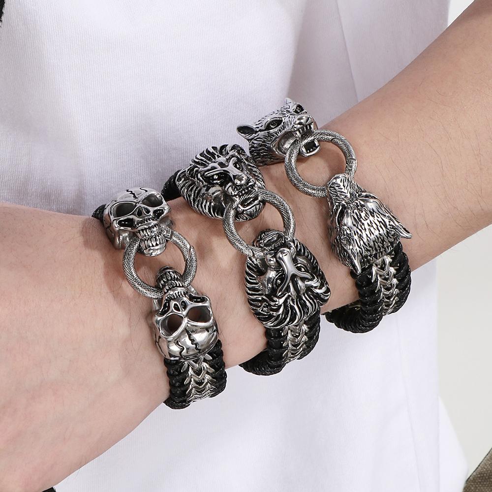 Готические мужские браслеты с изображением льва, волка, черепа, головы, кожа и черный/золотой цвет, нержавеющая сталь, мужской браслет на запястье, ювелирные изделия, аксессуары