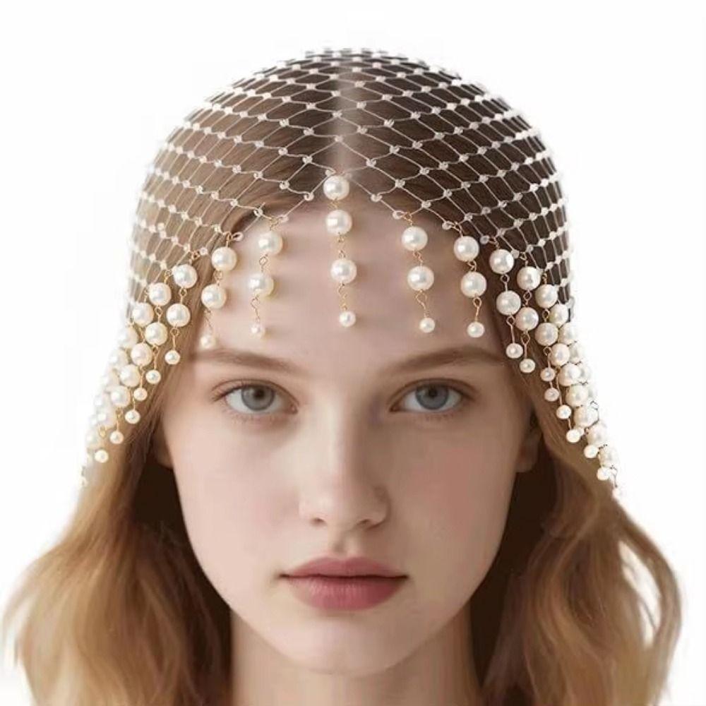 Elegant Pearl Tassel Hair Hat Hollow Out Luxury Headcaps Handmade Pearl Hat Bridal Headpiece