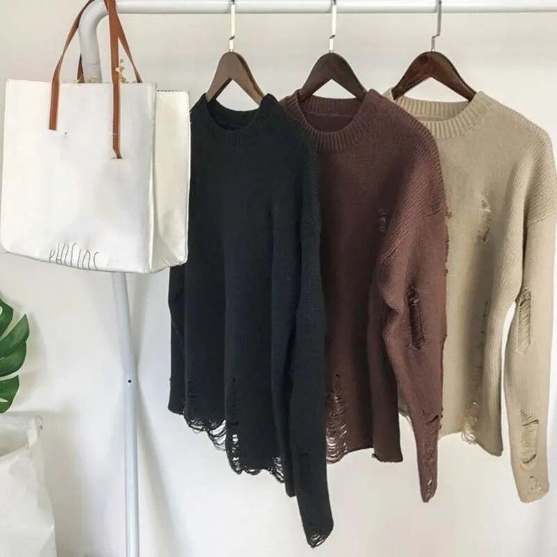Khaki Ripped Loose Sweater Knitted Pullover Cutout Beggar Round Neck Long Sleeves Simple Casual Men and Women Spring Autumn