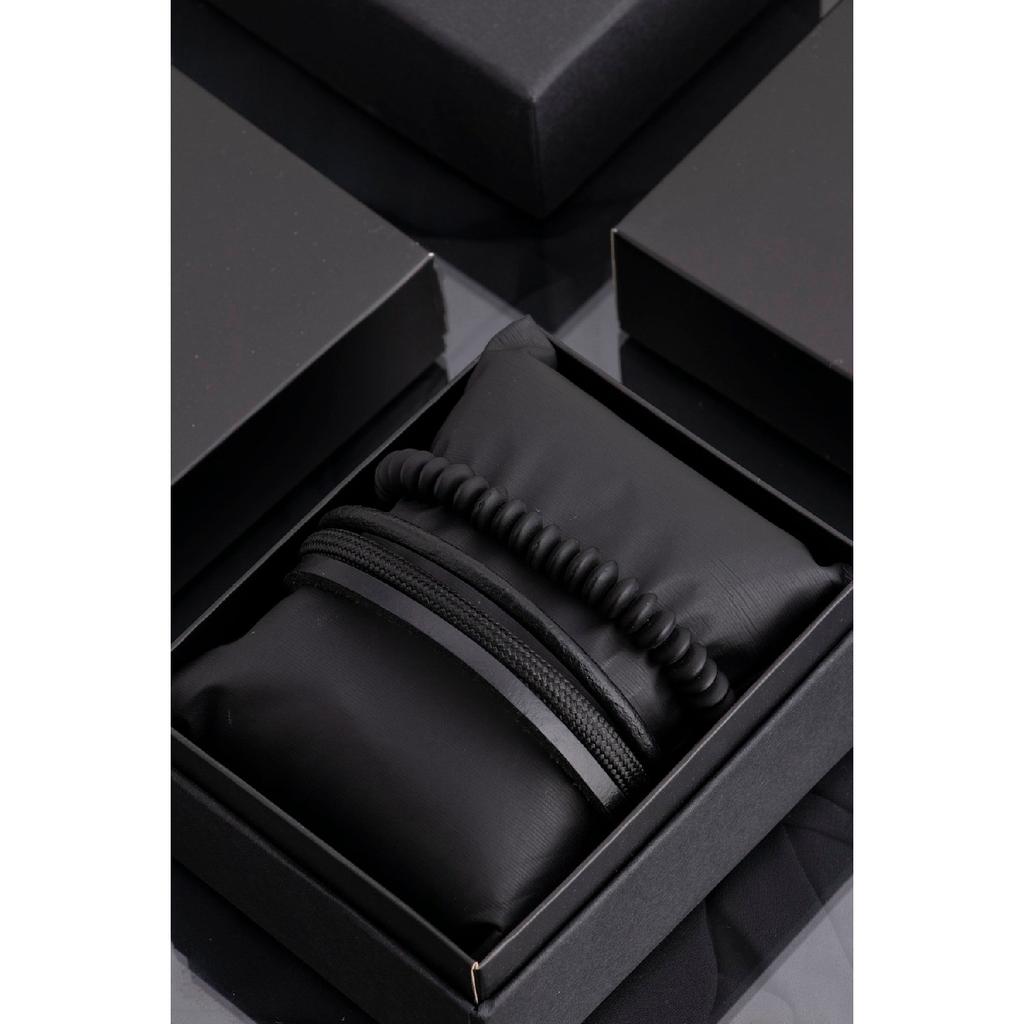 Мужской комбинированный браслет из черной натуральной кожи и гематита из натурального камня 001