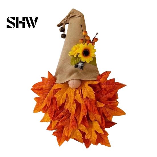 Rustic Fall Door Wreath Autumn Gnome Maple Leaf with LED Lights, Pointed Hat Housewarming Gift for Hanging, Farmhouse Harvest Thanksgiving Front Home