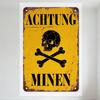 Винтажный Achtung Minen Немецкий Предупреждение Минное поле Металлическая Жестяная Табличка Потертый Череп с Костями Желтый Ретро Декор Стен для Бара Мужского Кабинета