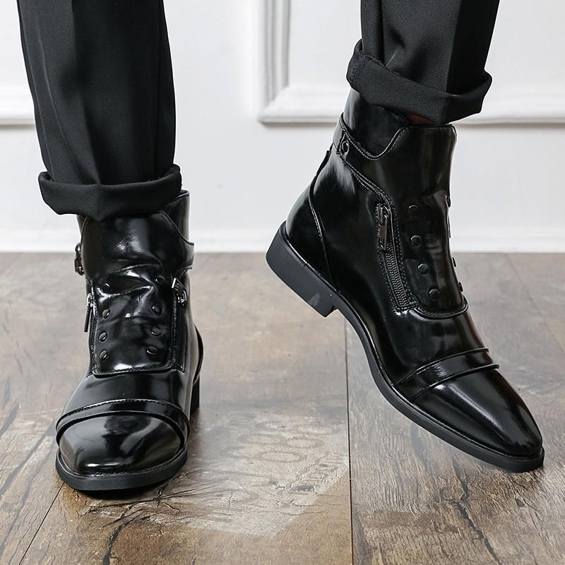 Mens Pointed Toe Ankle Boots With Rivets Side Zipper Low Heel Casual Dress Shoes Sizes