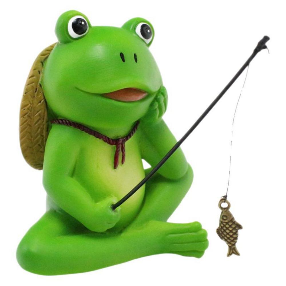 Cartoon Fishing Frog Figurine Green Animal Fishing Sculpture Outdoor Courtyard Pond